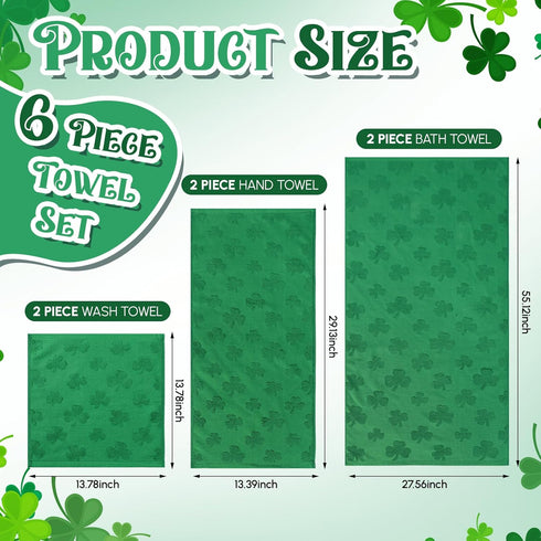 6 Pack Set 2 2 2 Peryiter Cotton St. Patrick's Day Bath Towels Green Clover Towels for Bathroom, Soft and Absorbent