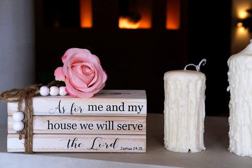 As for Me and My House We Will Serve the Lord Decor - Rustic Wood Decorative Books Stack for Home Coffee Table