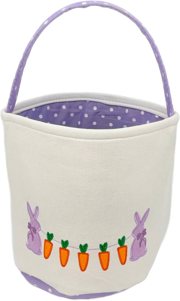 Easter Basket, White Canvas with Bunny and Carrot Design, 9 Inch Diameter,