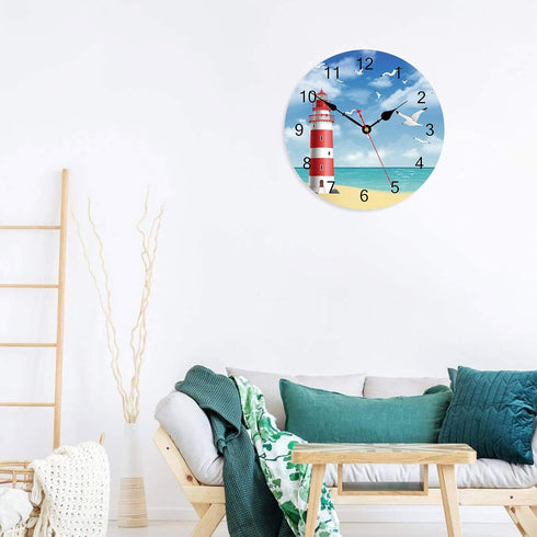 TAHEAT Lighthouse Seagull Ocean Wall Clock, 14 Inch Wooden Battery Operated Silent Non Ticking Easy to Read Clock for