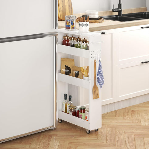 Slim 4-Tier Storage Cart, 5-Inch Width White Rolling Cart with Handle & Wooden Top for Kitchen, Bathroom, Laundry