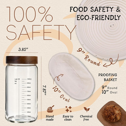 Kit,40oz Lid,2 (9Round 10Oval),Bread Sourdough Starter Sourdough Starter Jar with Wooden Banneton Bread Proofing