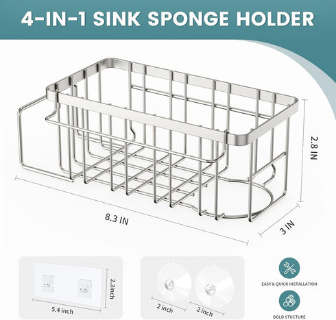4-in-1 StorageRight Sponge Holder for Kitchen Sink, Sink Caddy Organizers and Storage with Adhesive Hook & Suction