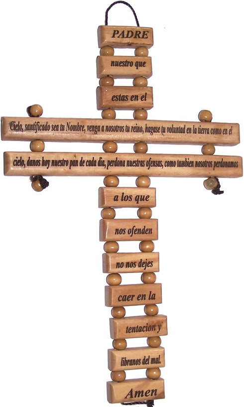 Holy Land Market Spanish Lord Prayer Olive Wood Cross from Bethlehem with Certificate & Prayer Card (9.5 Inches)