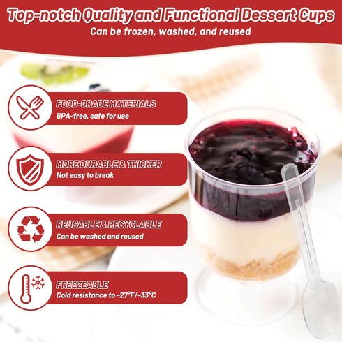 190 5 OZ Set Pcs Dessert Cups with Spoons Cocktail Picks, Clear Mini Dessert Shooter Cups, Plastic Parfait Cup