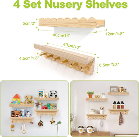 Varbonia 16'' 4 Pack) Floating Nursery Book Shelves for Wall, Wood Book Shelf for Baby Boys Girls Bedroom Bathroom