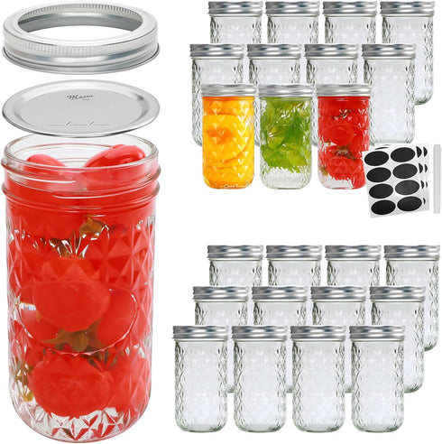 Flrolove Mason Jars 12 OZ,Canning Jars with Lids 24PACK,Glass Jam Jars, Jelly