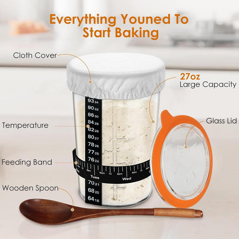27oz TOKPELA Sourdough Starter Jar Glass, Wide Mouth Sourdough Starter Jars, Sourdough Starter Kit with Wooden Spoon