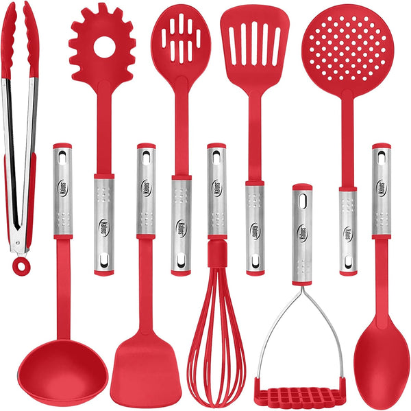 Kitchen Utensils Set, 10 Nylon Stainless Steel Cooking Utensils, Non Stick and Heat Resistant Cookware
