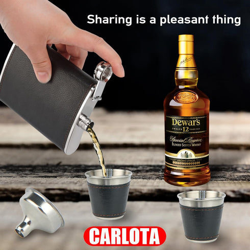Hip Flask Gift Set, 8 Oz Hip Flasks for Liquor with Black Leather Cover, 18/8 Stainless Steel, 2 Cups & Funnel, Gift Box