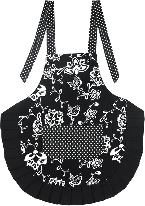 G2PLUS Vintage Floral Kitchen Apron for Women, Black Pleated Hem Cooking Apron with Pocket, 29 x 21 inch