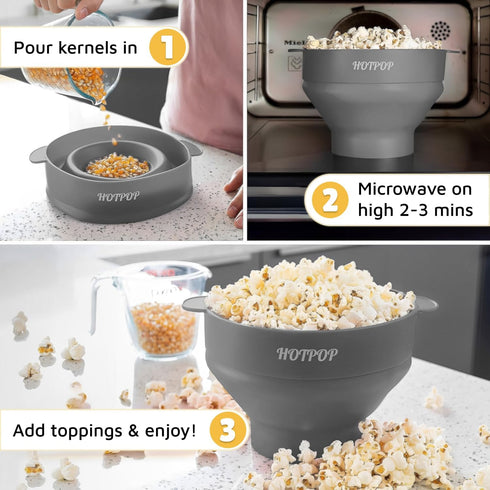 POPCO Silicone Microwave Popcorn Popper - Collapsible Bowl and Dishwasher Safe, 15 Colors Available, Gray