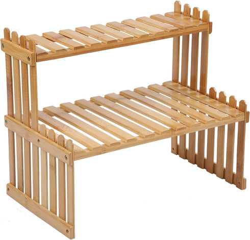 GURECOD 14.6"/18.5" 2 Tiers Bamboo Plant Stand Shelf,Desk Flower Pot Holder,Adjustable Desktop Shelf