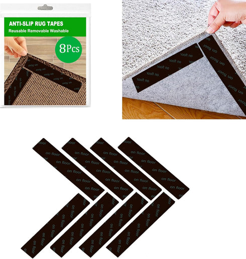 Rug Tape 8 Pcs Non Slip Carpet Gripper for Hardwood Floors, Washable Black Rug Stoppers to Prevent Sliding