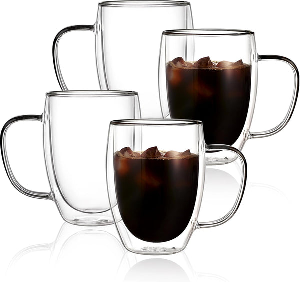 CNGLASS 12oz Double Walled Glass Coffee Mugs(4-pack),Insulated Glass Mugs with Handle,Clear Espresso