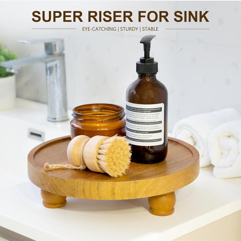 EOSAHR Farmhouse Round Wood Riser Wooden Tray Pedestal Stand for Bathroom Decor & Kitchen Sink Decorative Riser Display