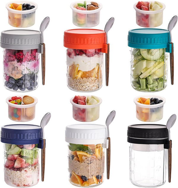 6 Pack Overnight Oats Containers with Lids and Spoons, 16 OZ Glass