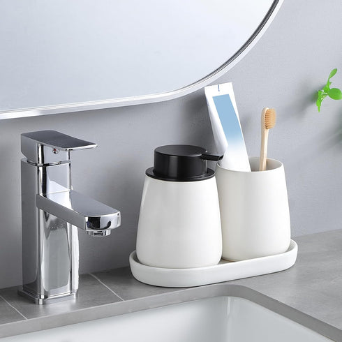 White Round Soap Dispenser Tray - 8'' Ceramic Vanity Tray for Bathroom Decorative, Jewelry Ring Dish, Comestic Holder, Kitchen Sink Countertop Organizer Plate by Eyrozia