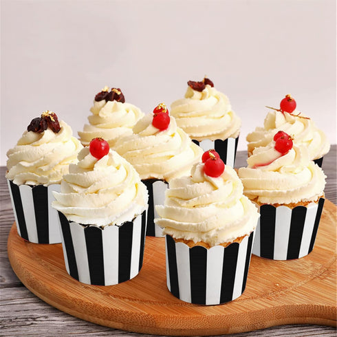 100 Pack Black and White Stripes Muffin Liners - Elegant Baking Cups for Cupcakes, Birthday Parties, Weddings