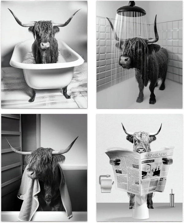 Funny Highland Cow Bathroom Wall Art Prints, Vintage Black and White Rustic Style, 4-Set Canvas Art for Bathroom Decor