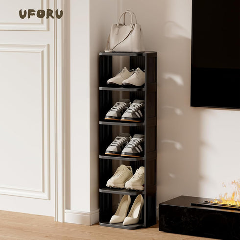 6-Tier Closets Vertical Shoe Rack, Plastic Stackable Storage Shelf for Small and Narrow Spaces, Compact Free Standing