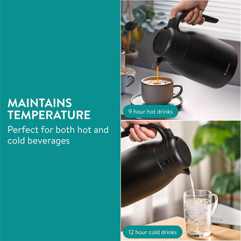 Navaris Insulated Coffee Server, Matte Black Stainless Steel Carafe for Hot & Cold Drinks (1.5 L / 50 oz)