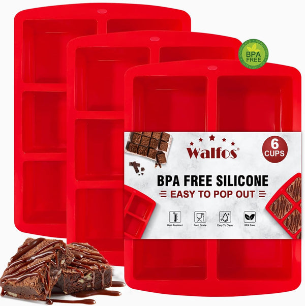 Walfos Mini Silicone Brownie Pan, 3 Piece 6-Cavity Non-stick Square Baking Pan for Brownies and Muffins