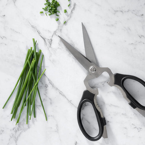 Messermeister 8-Inch Take-Apart Kitchen Scissors, Black, Includes Screwdriver, Nut Cracker, Jar Lid Opener