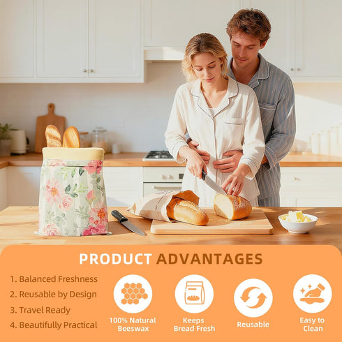 Nobineck 2 Pack 2 Beeswax Bread Bags for Homemade Bread, Includes Wraps, Reusable Organic Cotton Storage for Sourdough