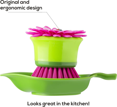 Vigar Flower Power Dish Brush with Holder - Pink Palm, 5-3/4" x 3-3/4"