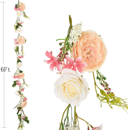 6 Ft Artificial Peony Garland with Mixed Flowers and Green Leaves for Wedding, Home Party Decor