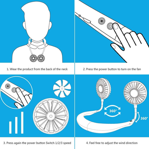 Portable Neck Fan, USB Rechargeable Fan with 3 Adjustable Speeds and LED Lights - White