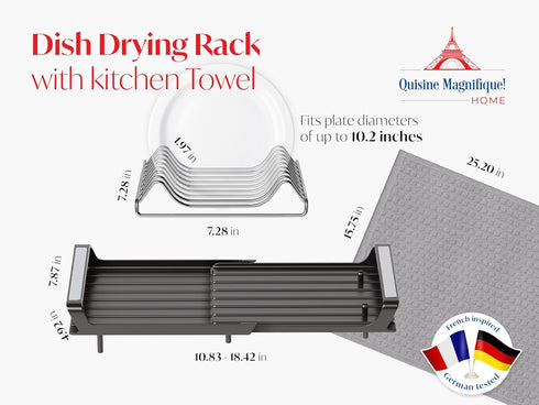 Cuisine Magnifique! Home Dish Drying Rack, Adjustable Length, Includes Kitchen Towel, French-Inspired Space-Saving