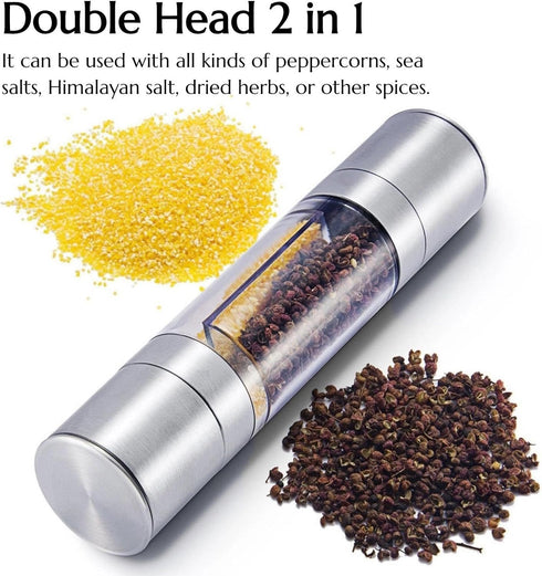 KINTEGOOD 2-in-1 Set, Stainless Steel Salt and Pepper Grinder Double Head Manual Mill, Refillable