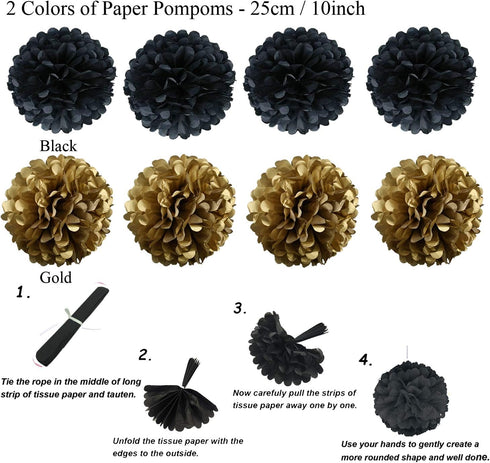 ZERODECO Party Decoration, 21 Pcs Black and Gold Hanging Paper Fans, Pom Poms, Garlands for Birthday Wedding Décor