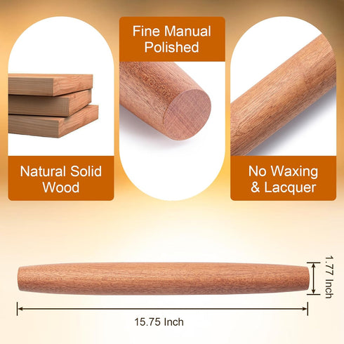French Rolling Pin, 15.75 Inches Wood Rolling Pins for Baking, Extra Long Classic Wooden Dough Roller for Fondant Pizza Pie Crust Cookie Pastry, Kitchen Baking Essentials, Brown