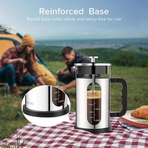 French Press Coffee Maker, 304 Stainless Steel Cold Brew with 4 Filter, Heat Resistant Borosilicate Glass, 34ounce,