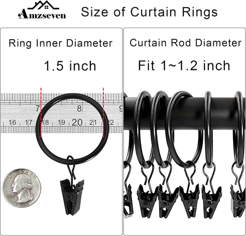 40 Pack Metal Curtain Rings with Clips, Vintage Black Drapery Clips Hooks, 1.5 in Interior Diameter