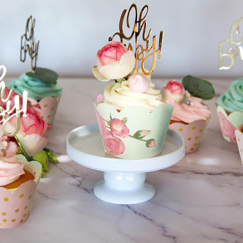 Floral Cupcake Wrappers - Blush Pink Gold Vintage Rose Liners for Baby Shower, Wedding, Birthday Party (24 Count)