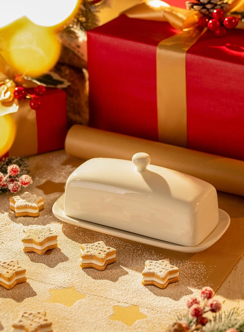 7.8 Inch Sweese Butter Dish with Lid, Porcelain Butter Keeper, Butter Holder with Handle Cover, Butter Container