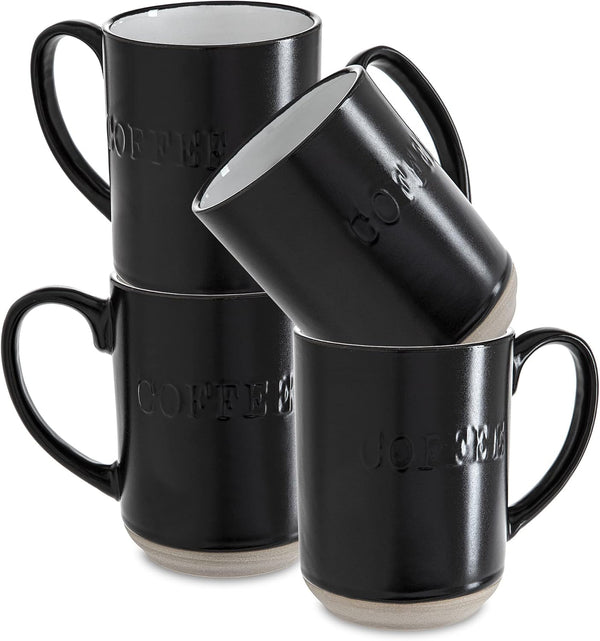 Sheffield Home Set of 4 Stoneware Coffee Mugs, Printed Tea Cups, Latte Mugs 16 oz (Black)