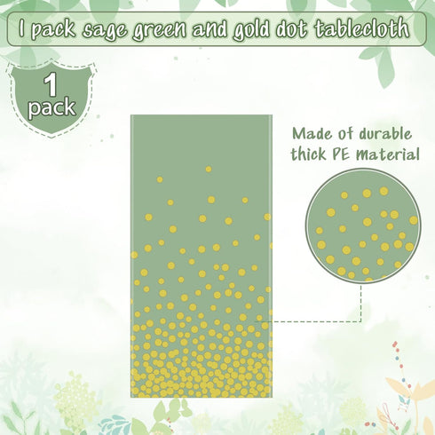 1 Pack 54"x108" FunnyPars Sage Green and Gold Plastic Tablecloth, Green Disposable Table Cloth for Rectangle Tables