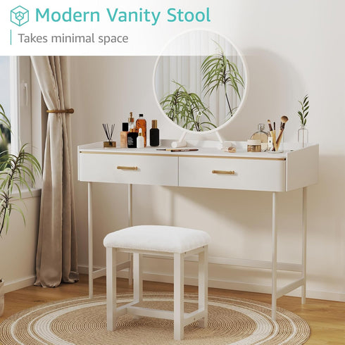 Small Vanity Stool, Cute Vanity Stools with Soft Faux Rabbit Fur Cushion, White Makeup Vanity Chair for Small Spaces