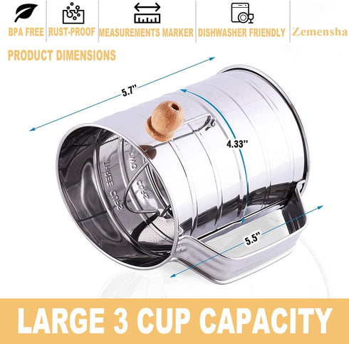 Stainless Steel Flour Sifter 3 Cups for Baking, Rotary Hand Crank Powdered Sugar Shaker and Duster