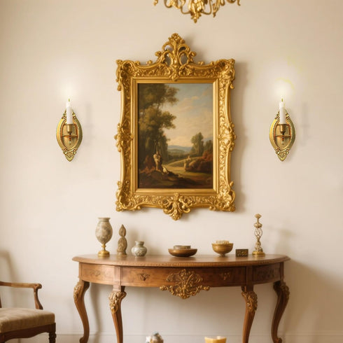 Set Gold Candle Sconces of Two, Brass Color Victorian Royal Wall Sconce, Metal Rustic Candle Holder Baroque Home Wall