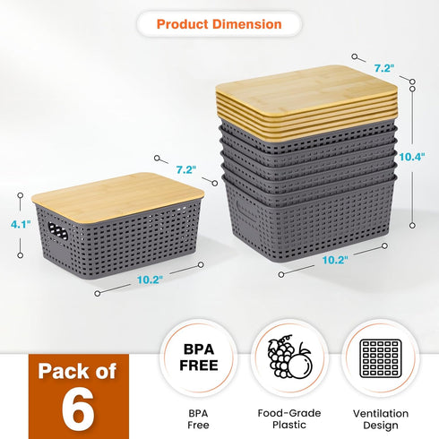 Plastic Storage Baskets with Bamboo Lid, Stackable Storage Bins for Organizing Shelves, 6 Pack, Gray