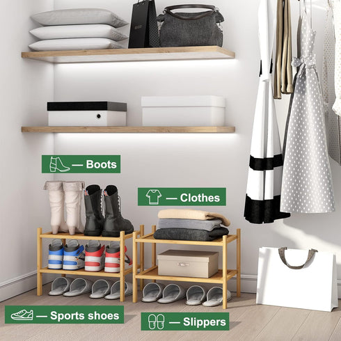 kiplant 2-Tier Closet, Small Shoe Rack, Bamboo Wood Shoe Rack for Entryway, Stackable Shoe Organizer for Hallway Free
