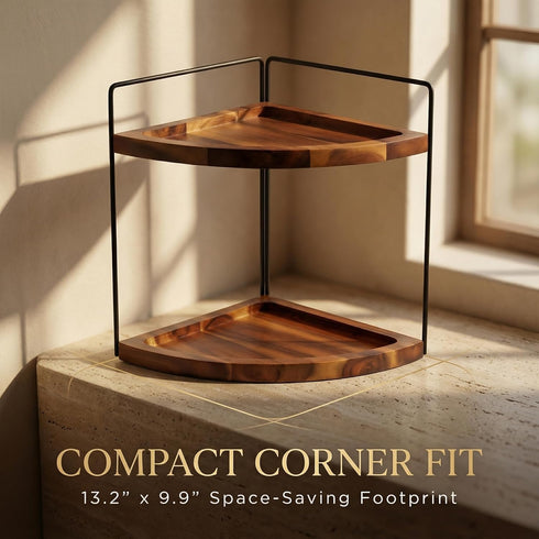 Counter 13.2x9.9 inch, 2 Countertop, Demigo Bathroom Corner Organizer Tier Acacia Wood Organizer Corner Storage Shelf