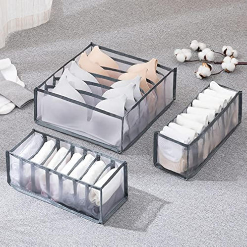 3 Set Underwear Organizer, Foldable Bra Underwear Drawer Divider Bins for Socks, Ties, Bras, Gray Storage Compartment