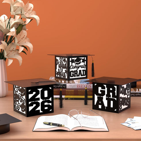 12 2026 Pcs Graduation Table Centerpieces Boxes Class of Black Square Graduation Paper Lanterns with String Lights